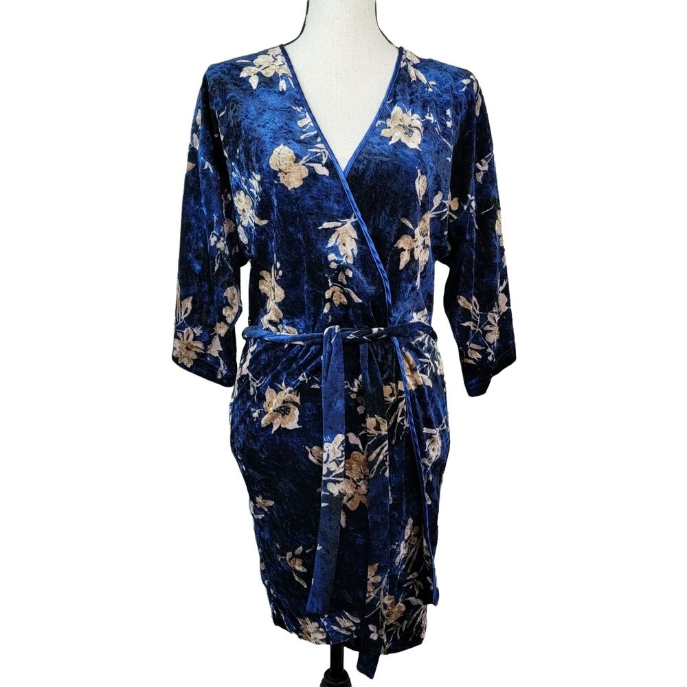 Blue Floral Velvet Robe Womens Sz S Short Waist Tie Lounge Lingerie Asian Kimono